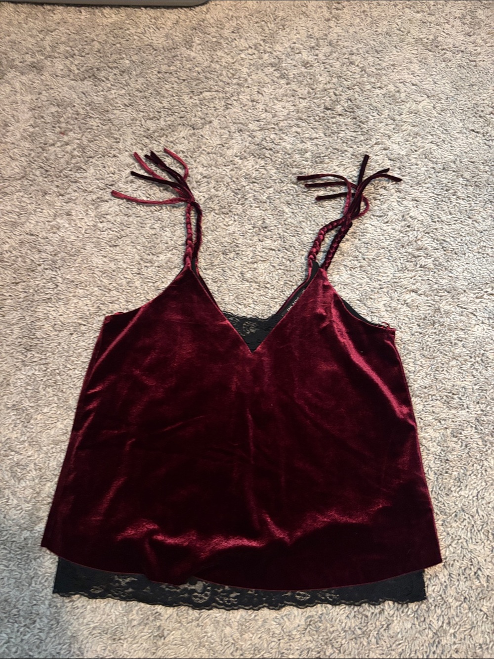Zara Burgundy Velvet Lace-Trim Braided-Strap Camisole